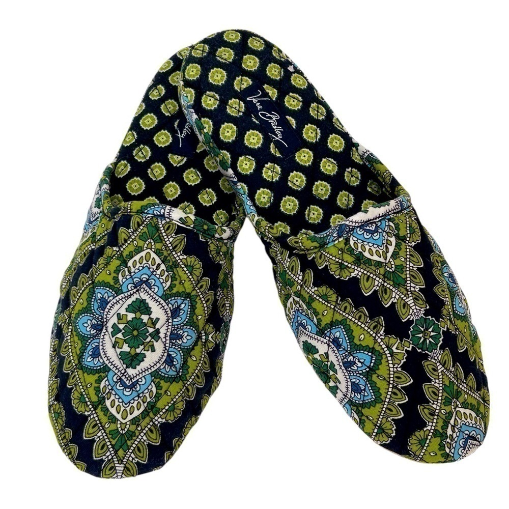 Vera Bradley Slippers Cambridge Navy/Green/White Ladies M 7/8 EUC